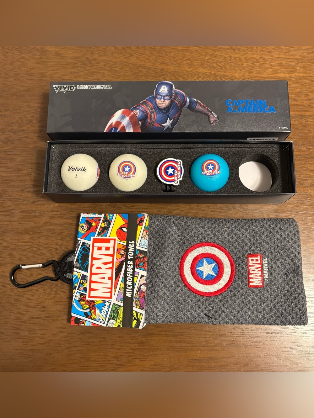 Volvik Matte Captain American Golf Balls Ball Marker & Marvel Golf Towel (New)